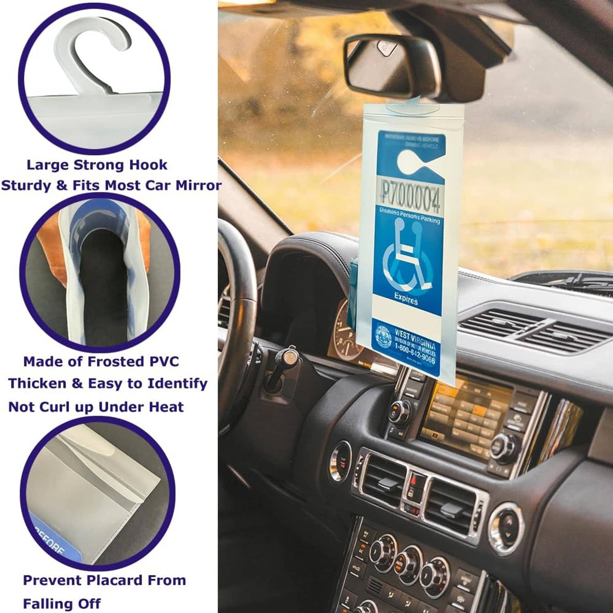 Clear frosted PVC placard holder with metal hook for car mirror post, blue disability label