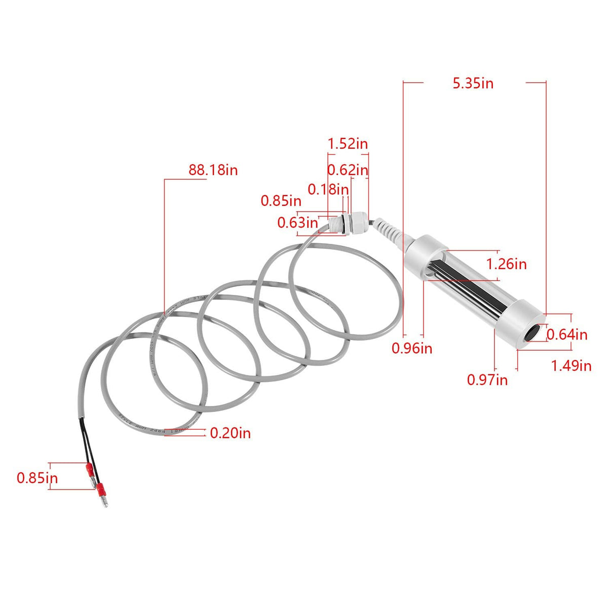 Salt cell replacement size diagram showing cable lengths and cylinder dimensions in inches