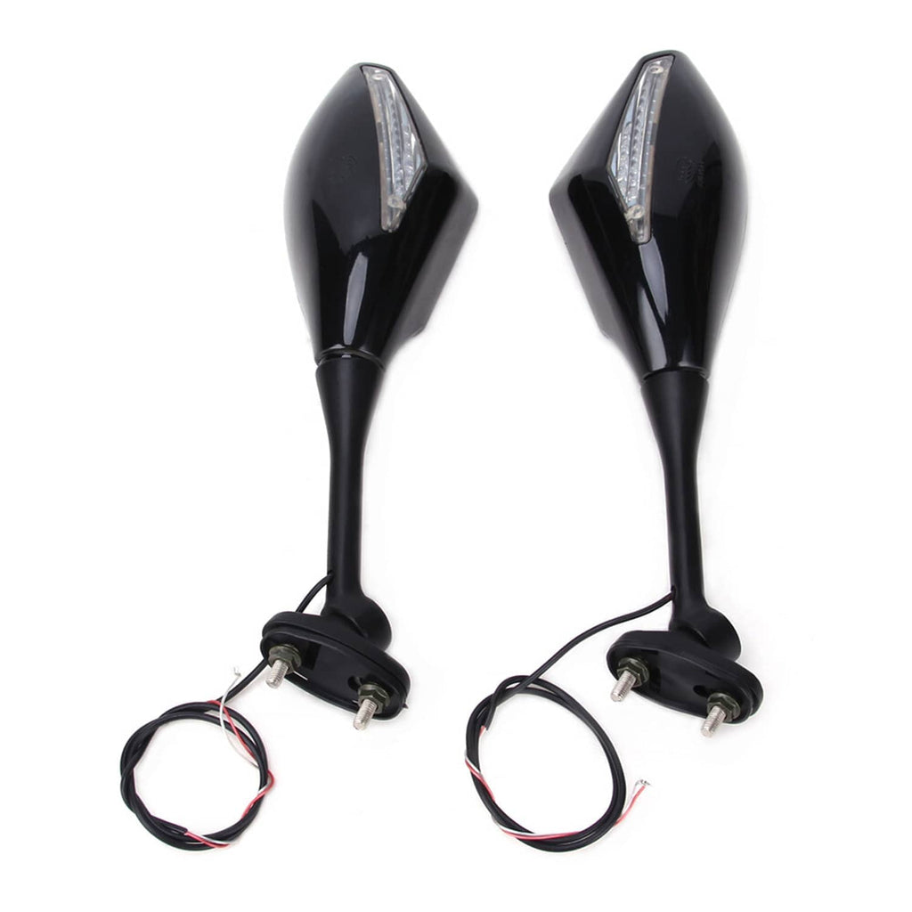 Set of black motorcycle rearview side mirrors with LED lens and wire connectors