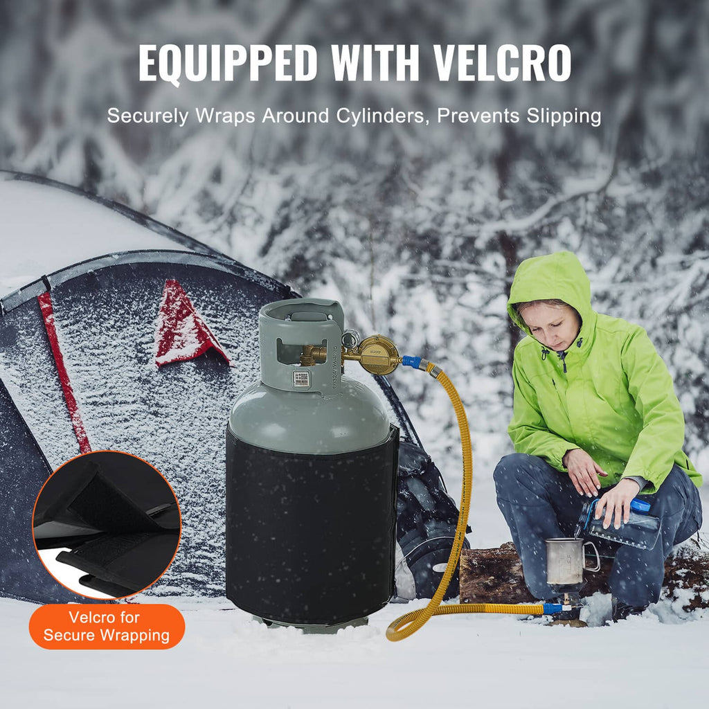 Insulated gas cylinder warmer with black wrap and hook-and-loop security strap