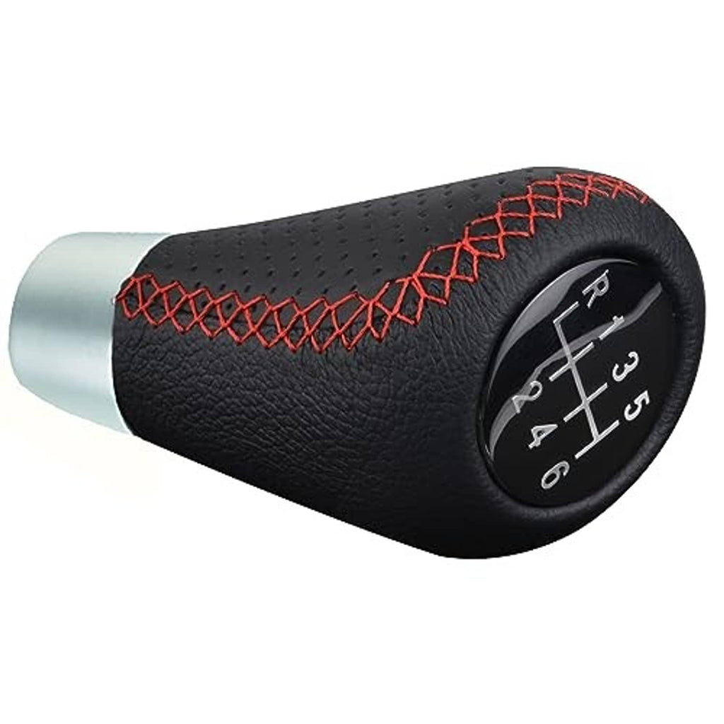 Black leather shift knob with red stitched seam and 6-speed dial, silver stem base