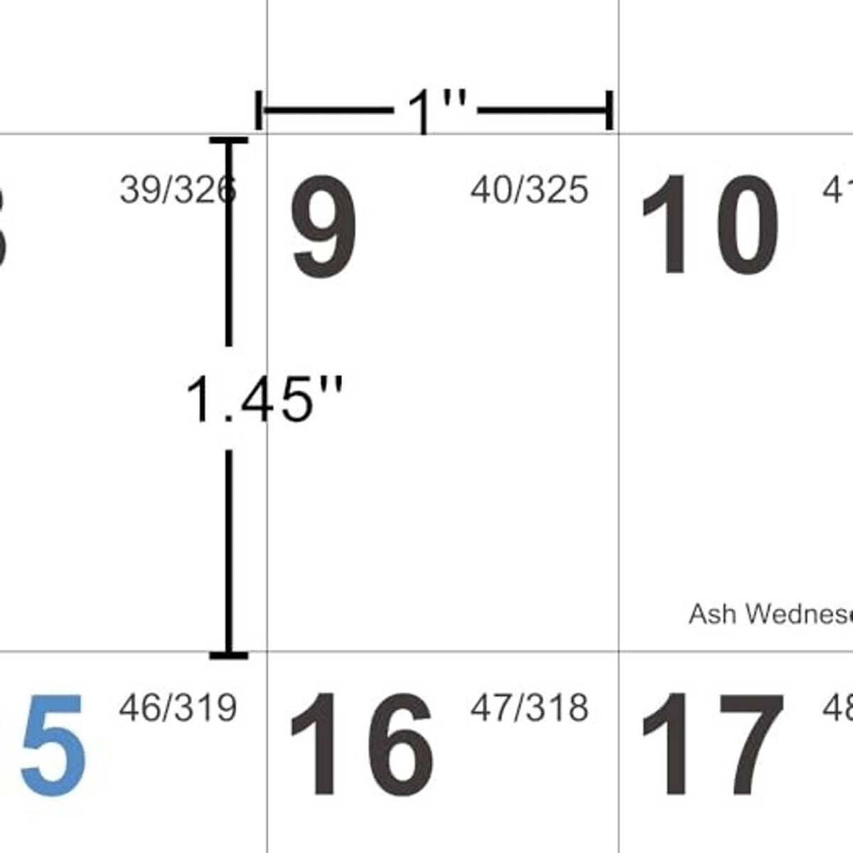 Close-up calendar grid with day numbers and measurement marks in inches