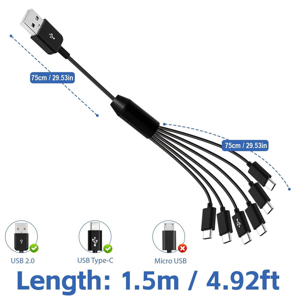 Black multi USB Type-C charging cable bundle with 4.92 ft length measurement