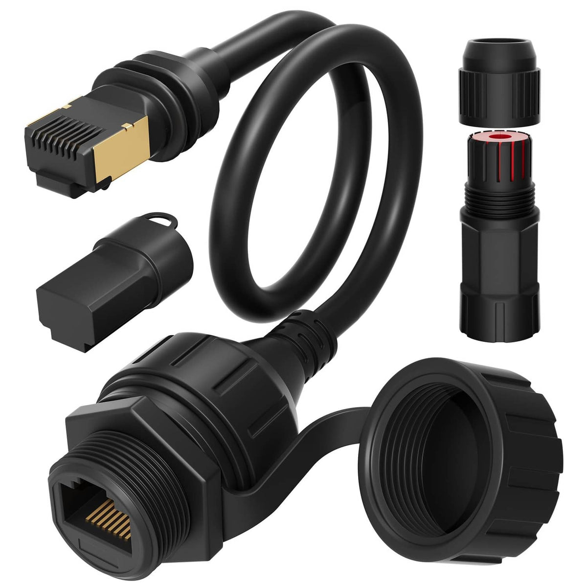 Black Starlink Ethernet adapter cable with RJ45 connectors and circular end fittings
