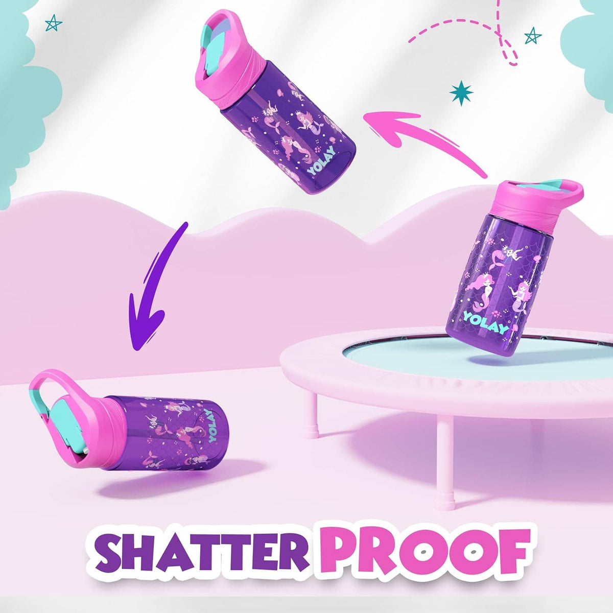 Two kids water bottles with pink lids and turquoise straw spouts, on display