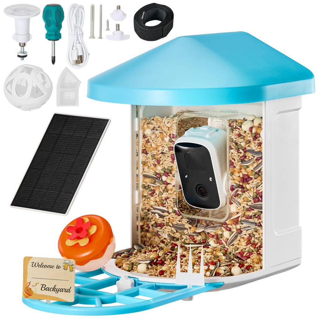 Smart bird feeder camera with solar panel and mounting accessories in a white-and-blue kit.