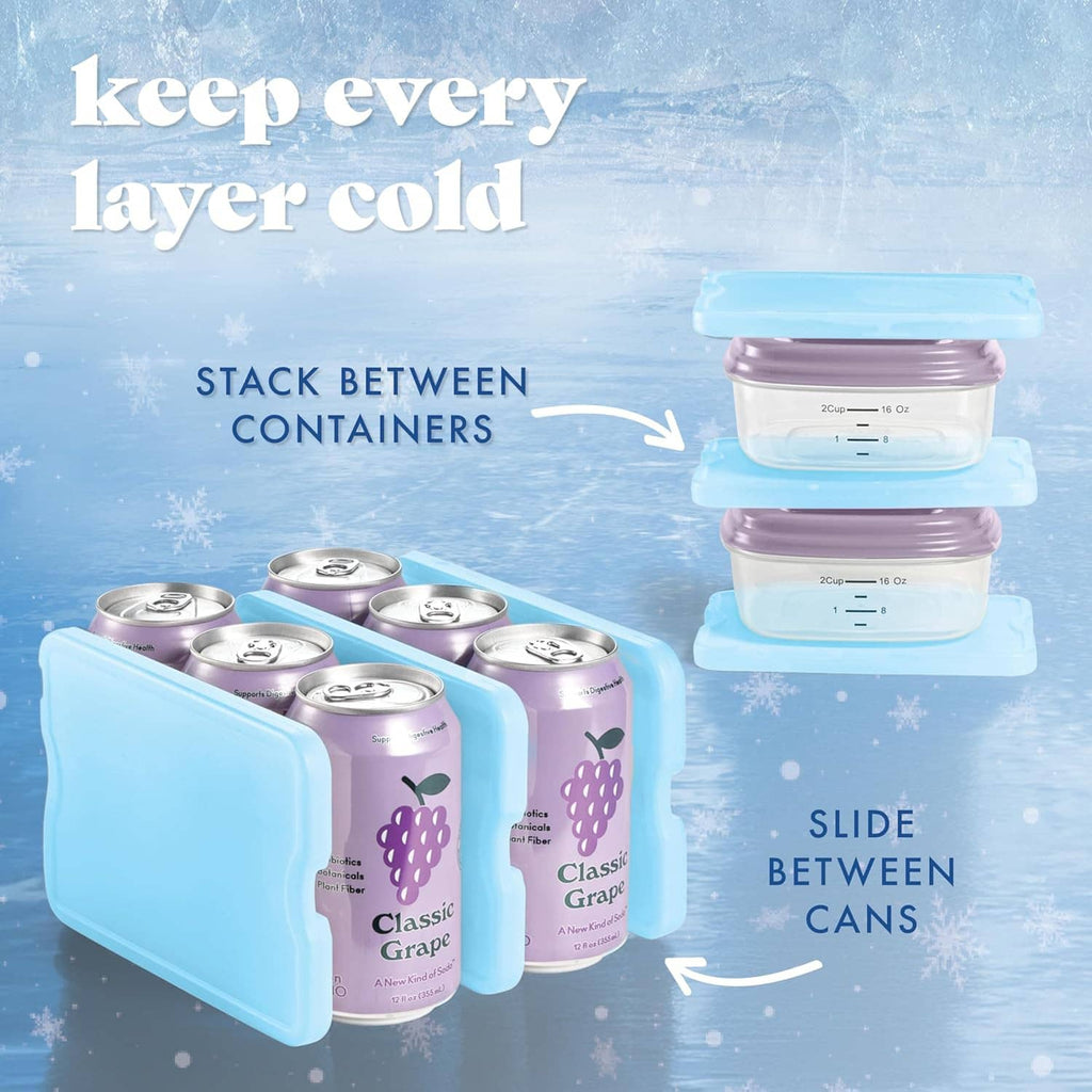 Stacked slim ice packs designed to go between drink cans for cooling during transport