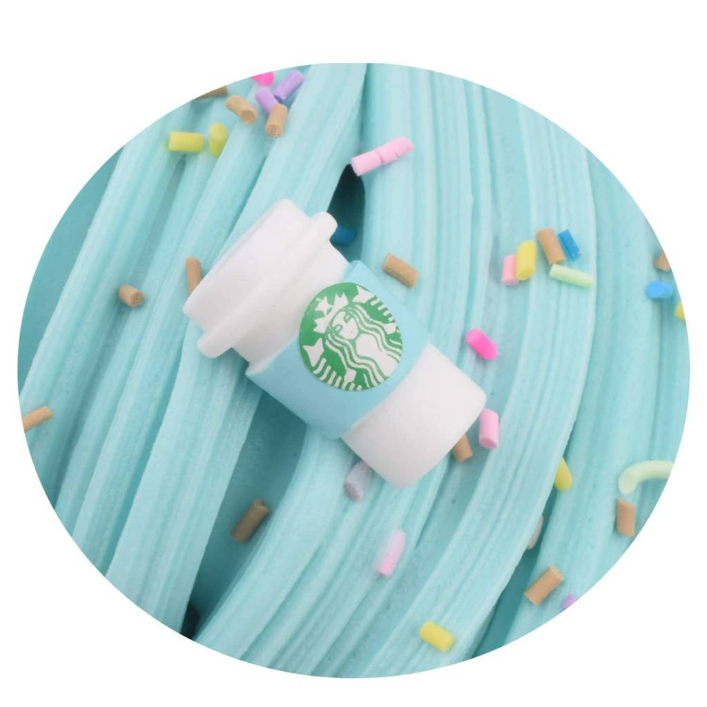 Light blue slime swirl with white cup-shaped charm and colorful sprinkles confetti