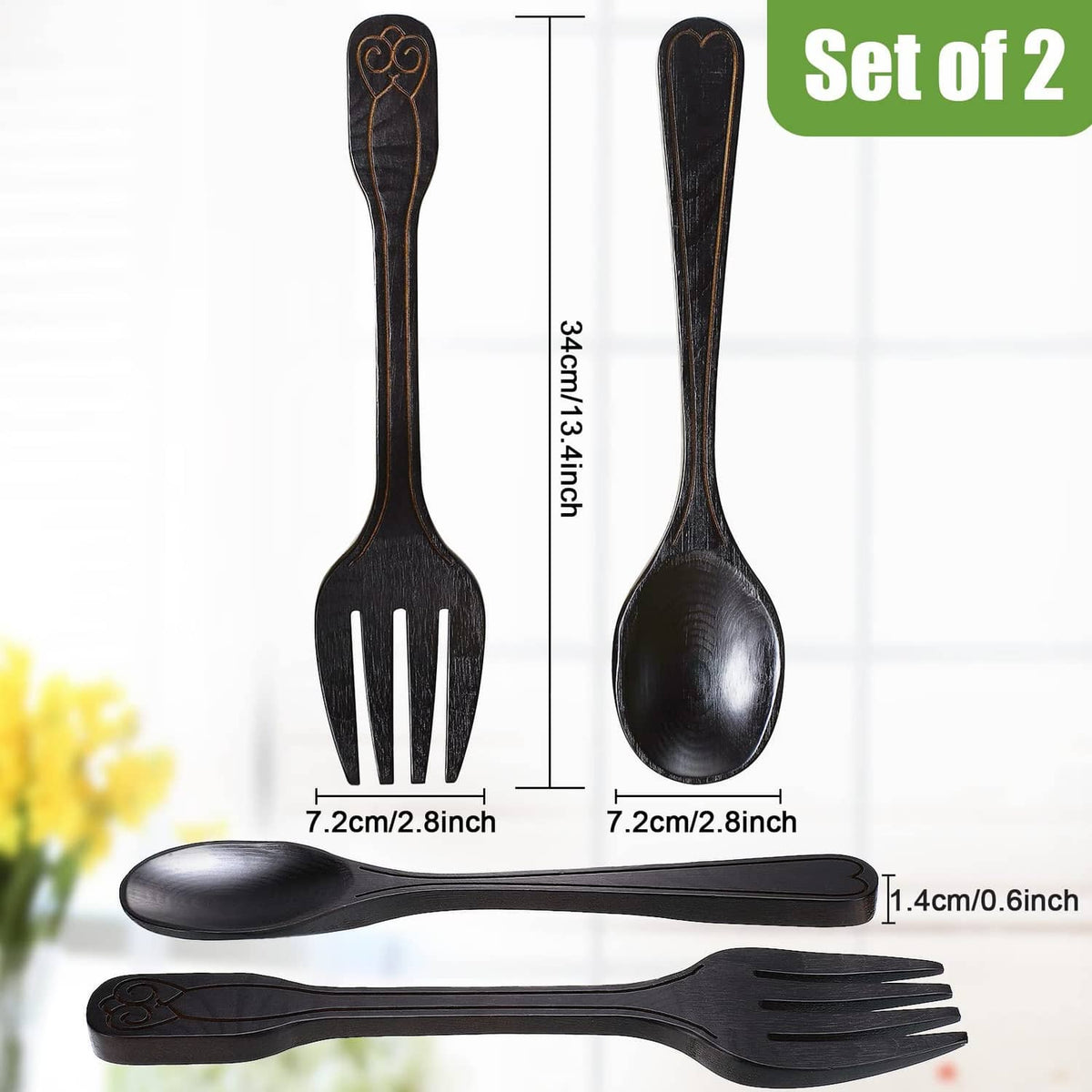 Fork and spoon wall decoration set of 2, dark metal, embossed handle patterns