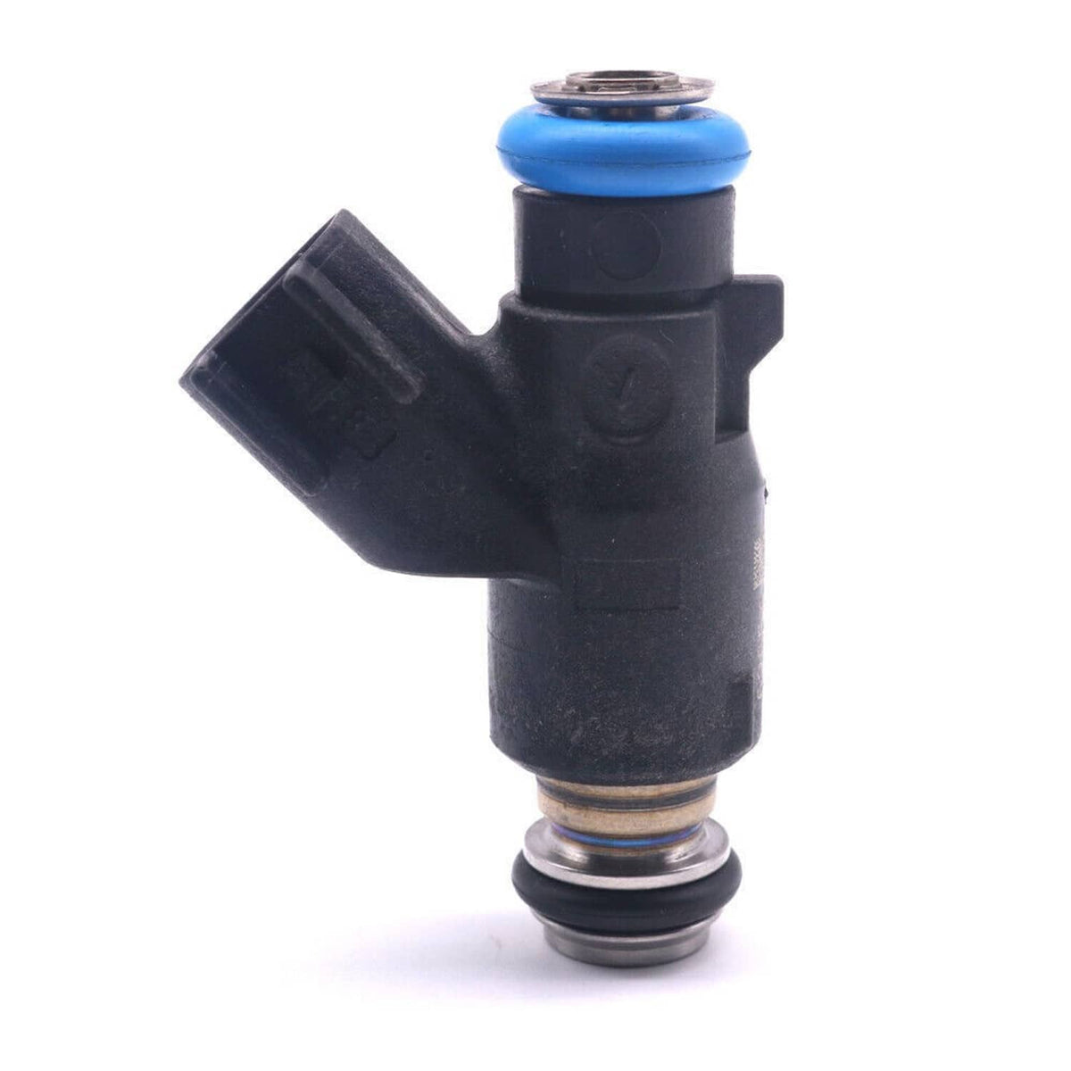 Black fuel injector with blue top seal and angled metal outlet nozzle