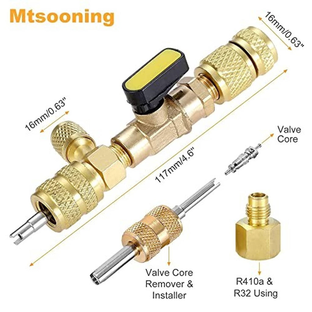 Brass valve core remover with R410A/R32 adapter fittings and included valve core pieces