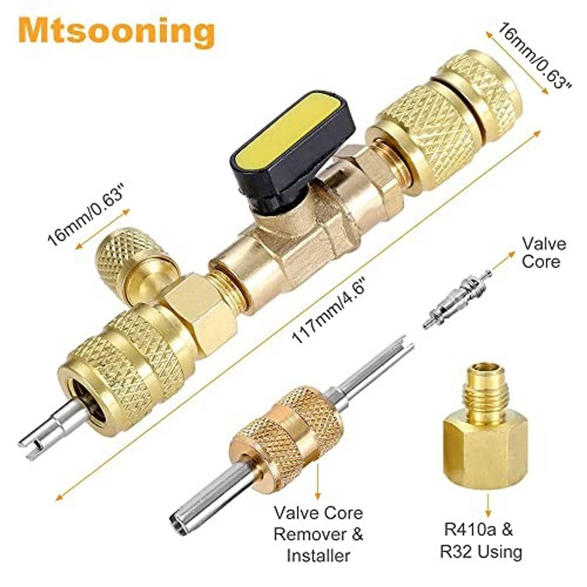 Brass valve core remover with R410A/R32 adapter fittings and included valve core pieces