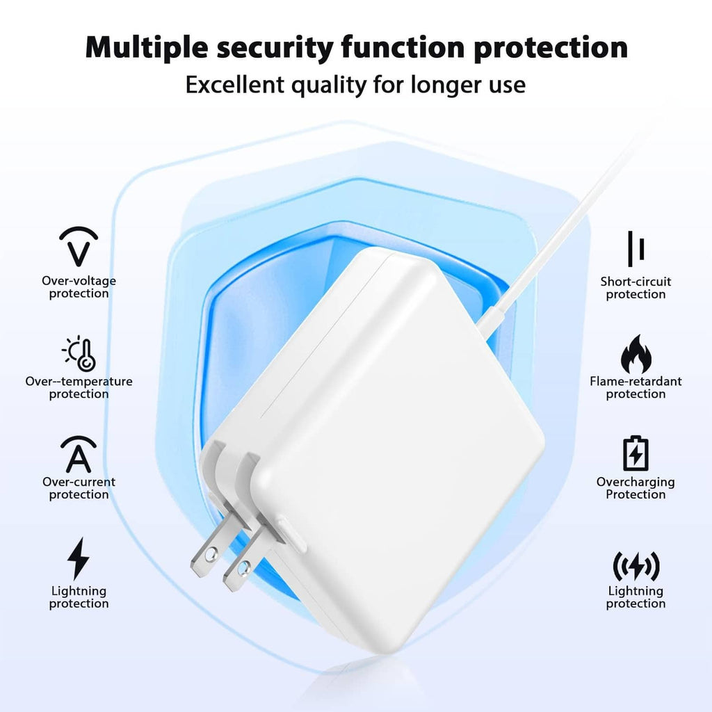 White laptop charger adapter with safety protection icons