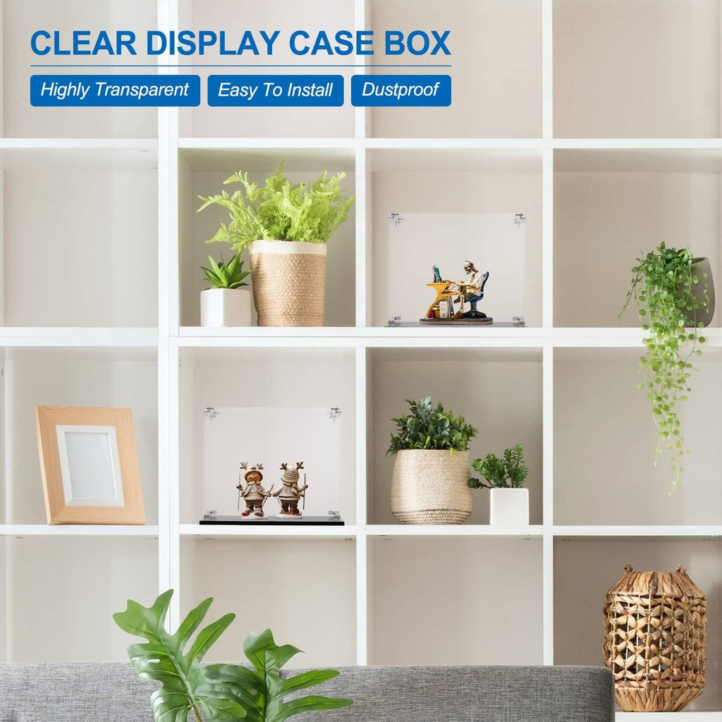 Clear acrylic display case on shelf with small toys and plants behind clear panels.