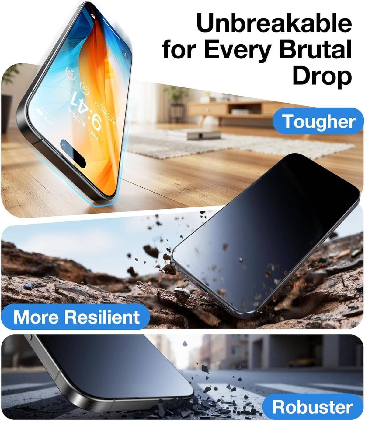 UltraGlass clear 9H+ glass screen protector for iPhone 16 Pro, drop-safe front shield