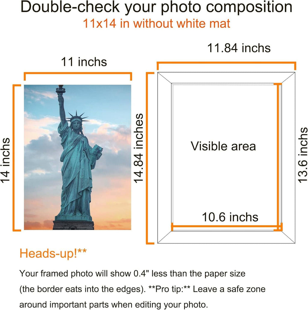 Size guide diagram for an 11x14 photo without a white mat.