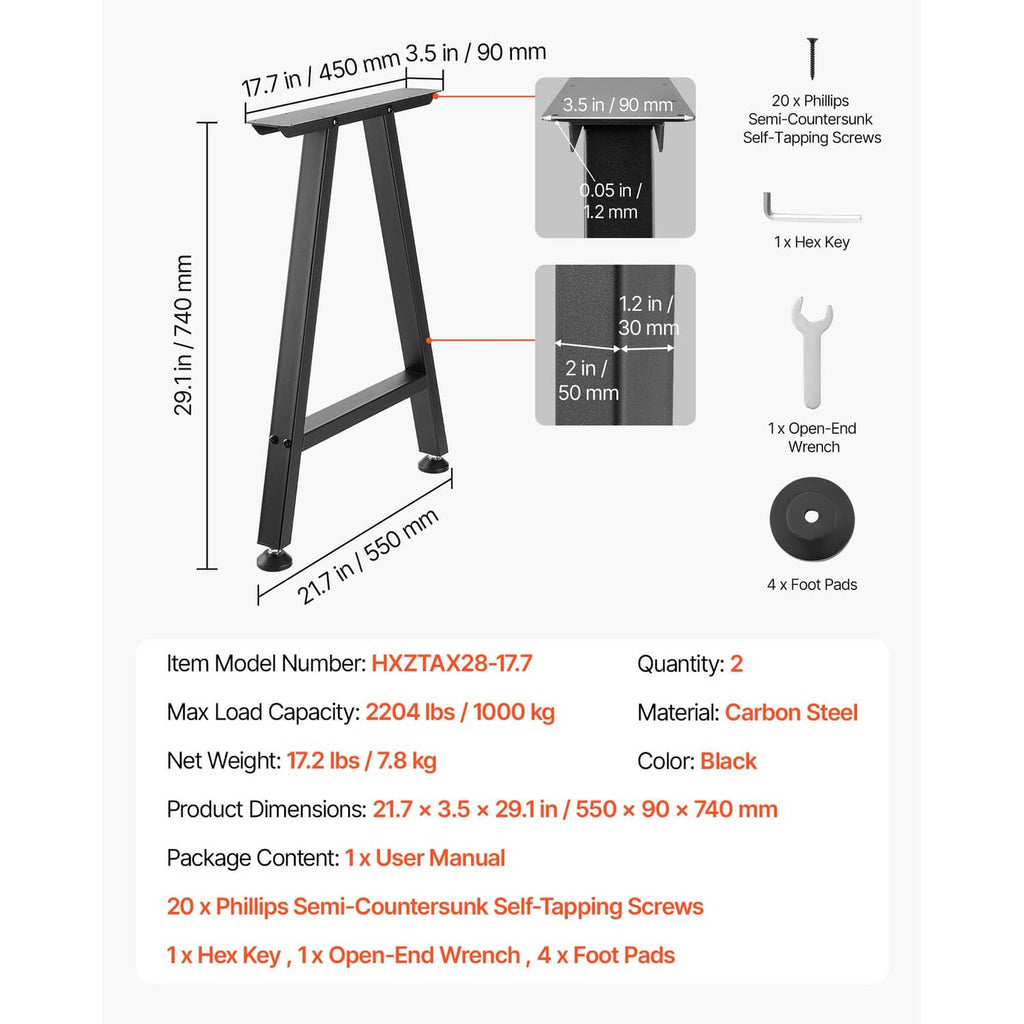Black trapezoid steel table legs with mounting hardware and rubber foot pads