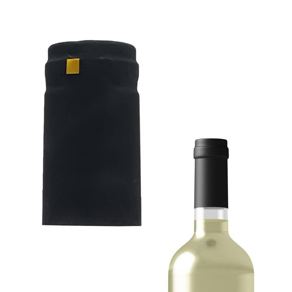 Matte black shrink caps for wine bottle necks with a small yellow pull tab