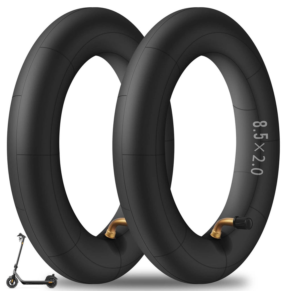 Two black electric scooter inner tubes with bent valves and size markings