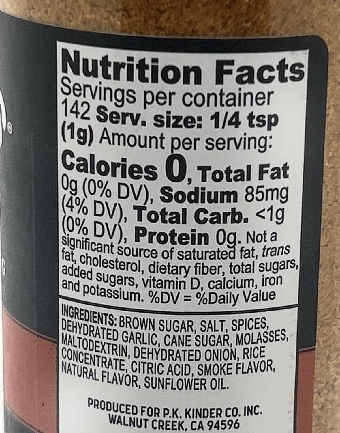 Kinder's Rubs & Seasonings bottle label showing Nutrition Facts and ingredients