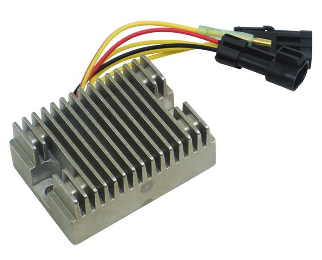 Voltage regulator heatsink assembly with finned metal case and multicolor wire loom