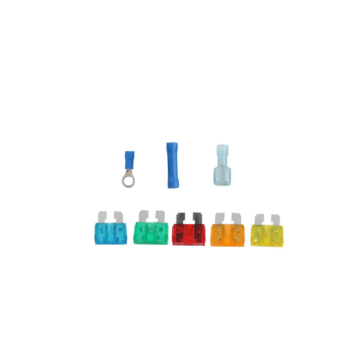 Replacement fuses and terminals with colored blocks in blue and green