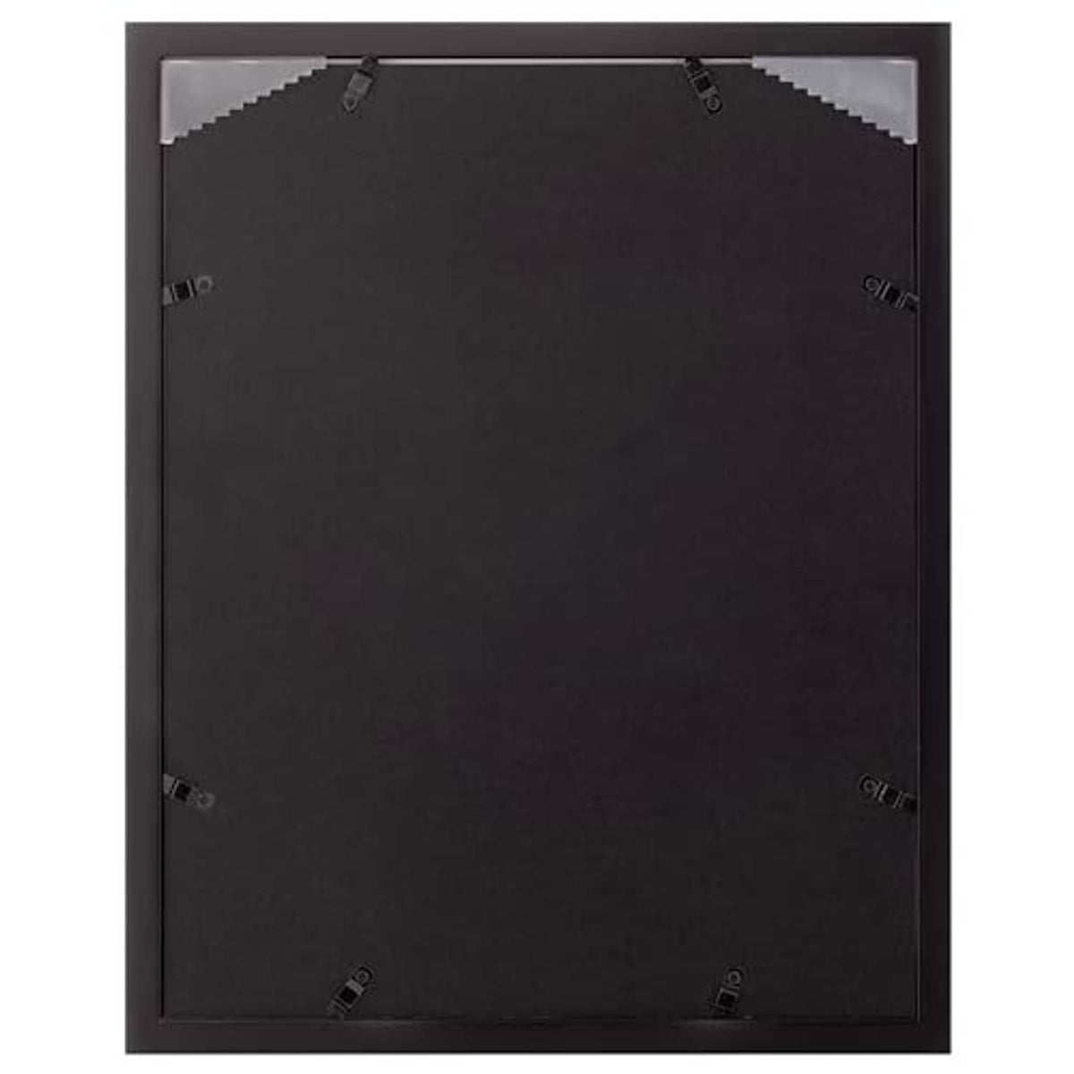 Back of a black wood photo frame with mounting brackets and hanging tabs