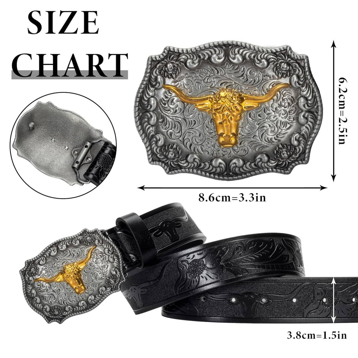 Western cowboy belt size chart view: black strap and silver buckle with gold bull detail