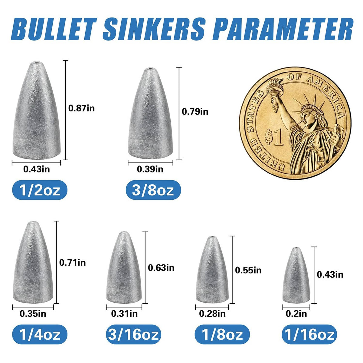 Bullet fishing sinkers diagram showing metallic gray bullets and measured sizes