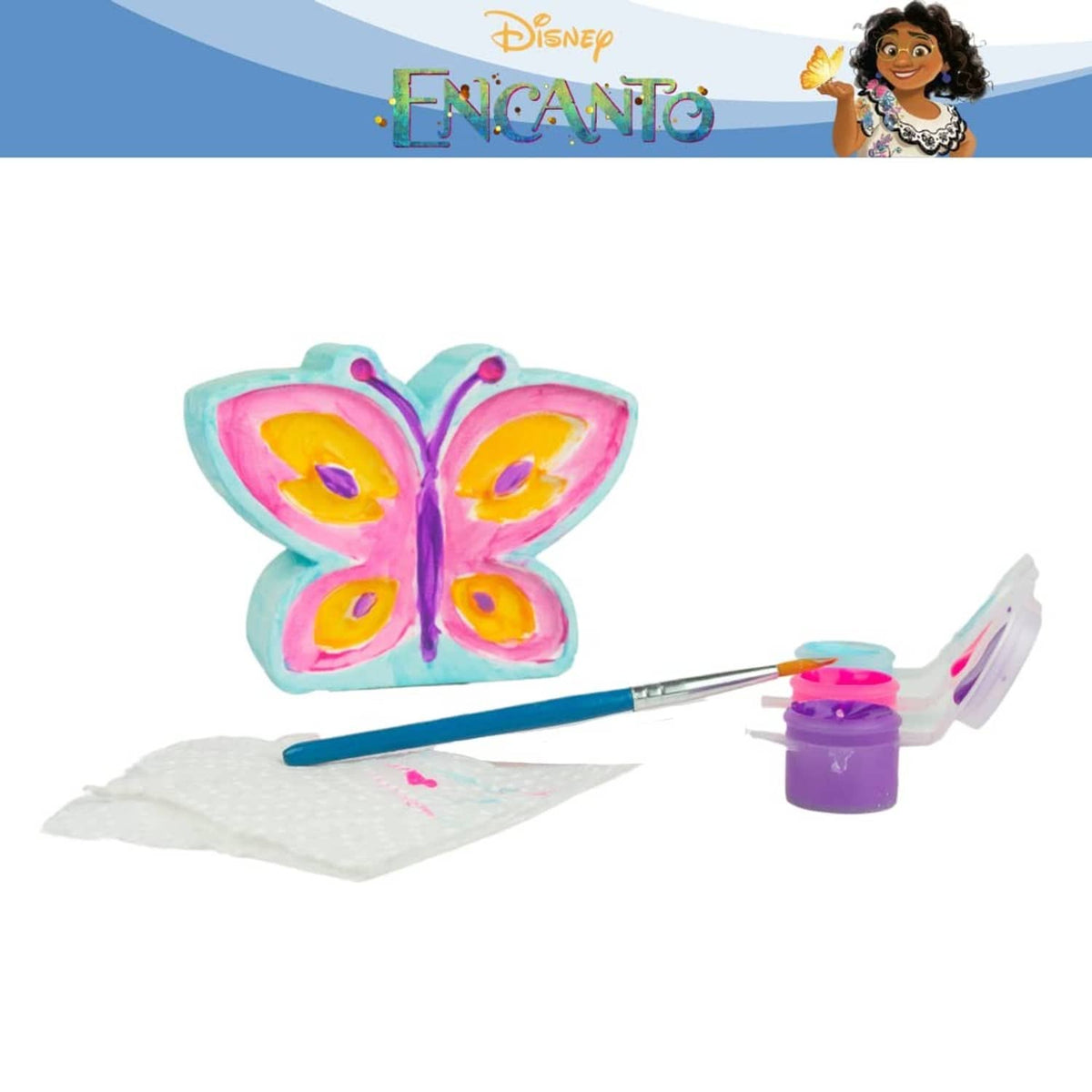 Painted butterfly figurine with brush, paint pot, and crafting sheet for coloring