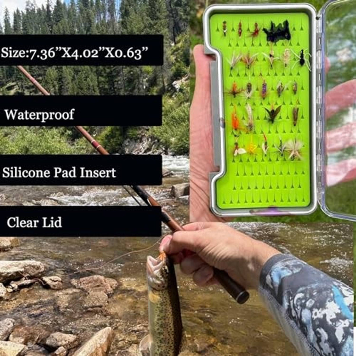 Waterproof fly fishing silicone tackle tray with clear lid and green peg insert