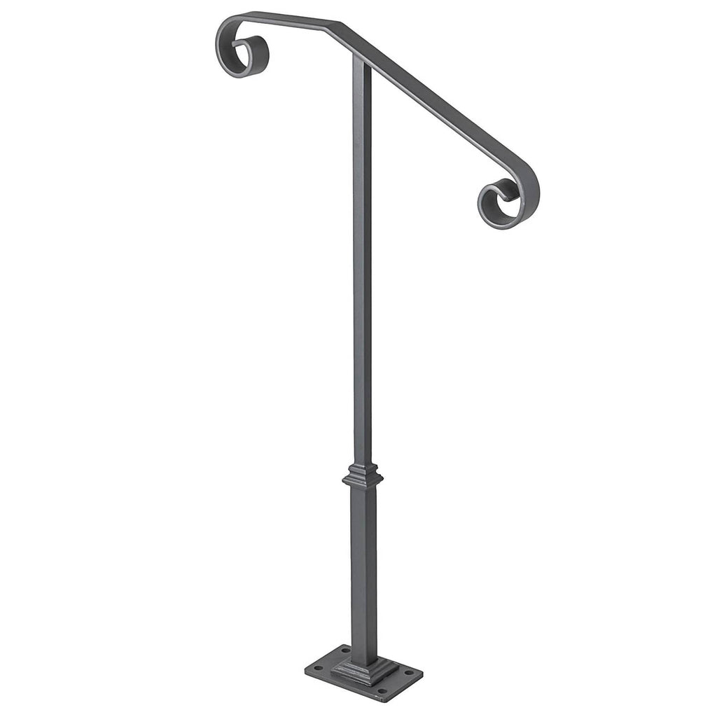 Matte gray single post wrought iron handrail with curved side grips and square base.