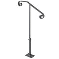 Matte gray single post wrought iron handrail with curved side grips and square base.