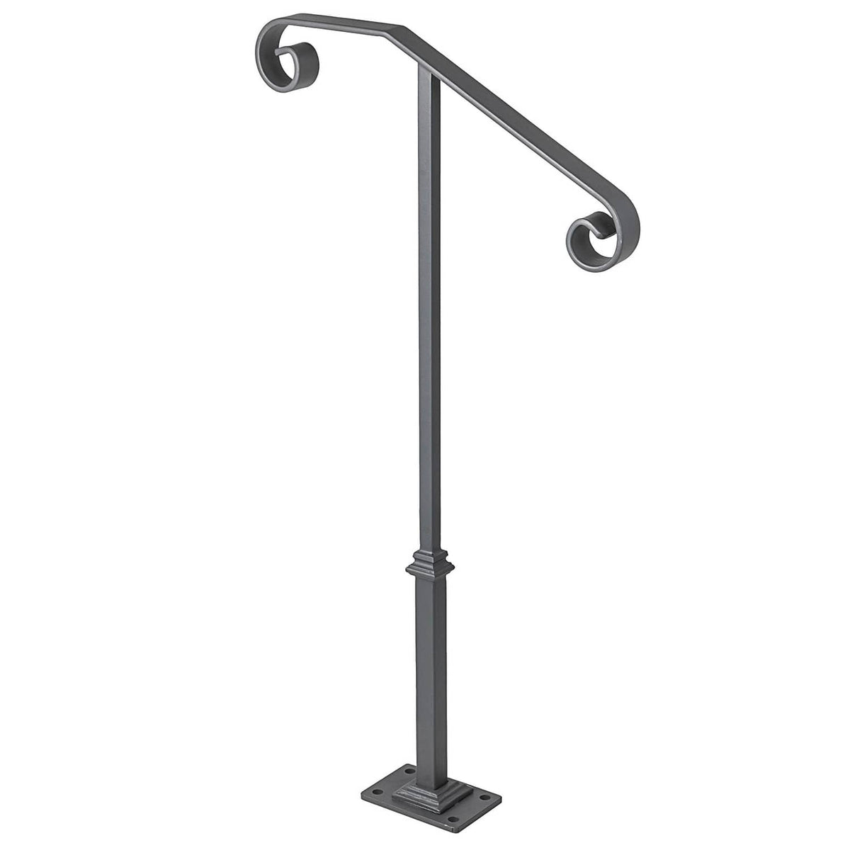 Matte gray single post wrought iron handrail with curved side grips and square base.