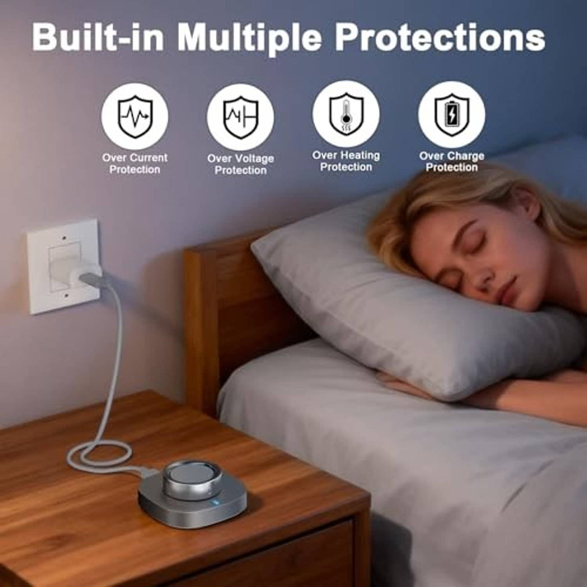 Gray charging dock on bedside table with connected power cable