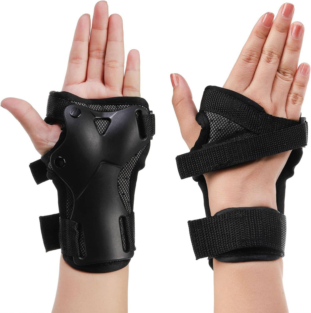 Black wrist guards with molded knuckle padding and wide fabric wrist wraps