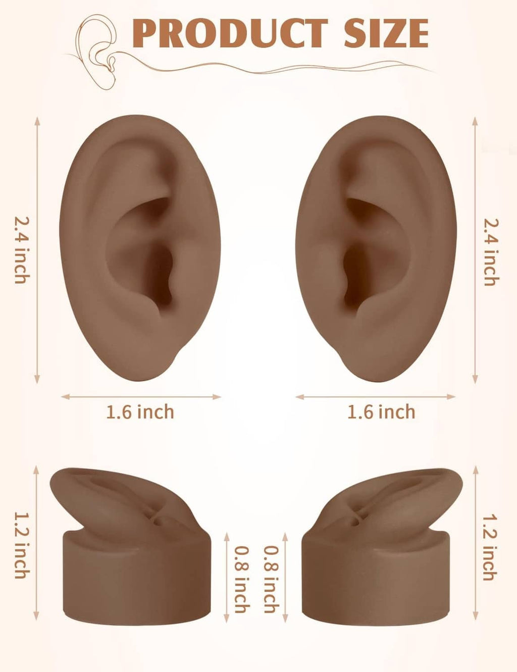 Pair of dark brown silicone ear models with size diagram: 1.6 in and 1.2 in