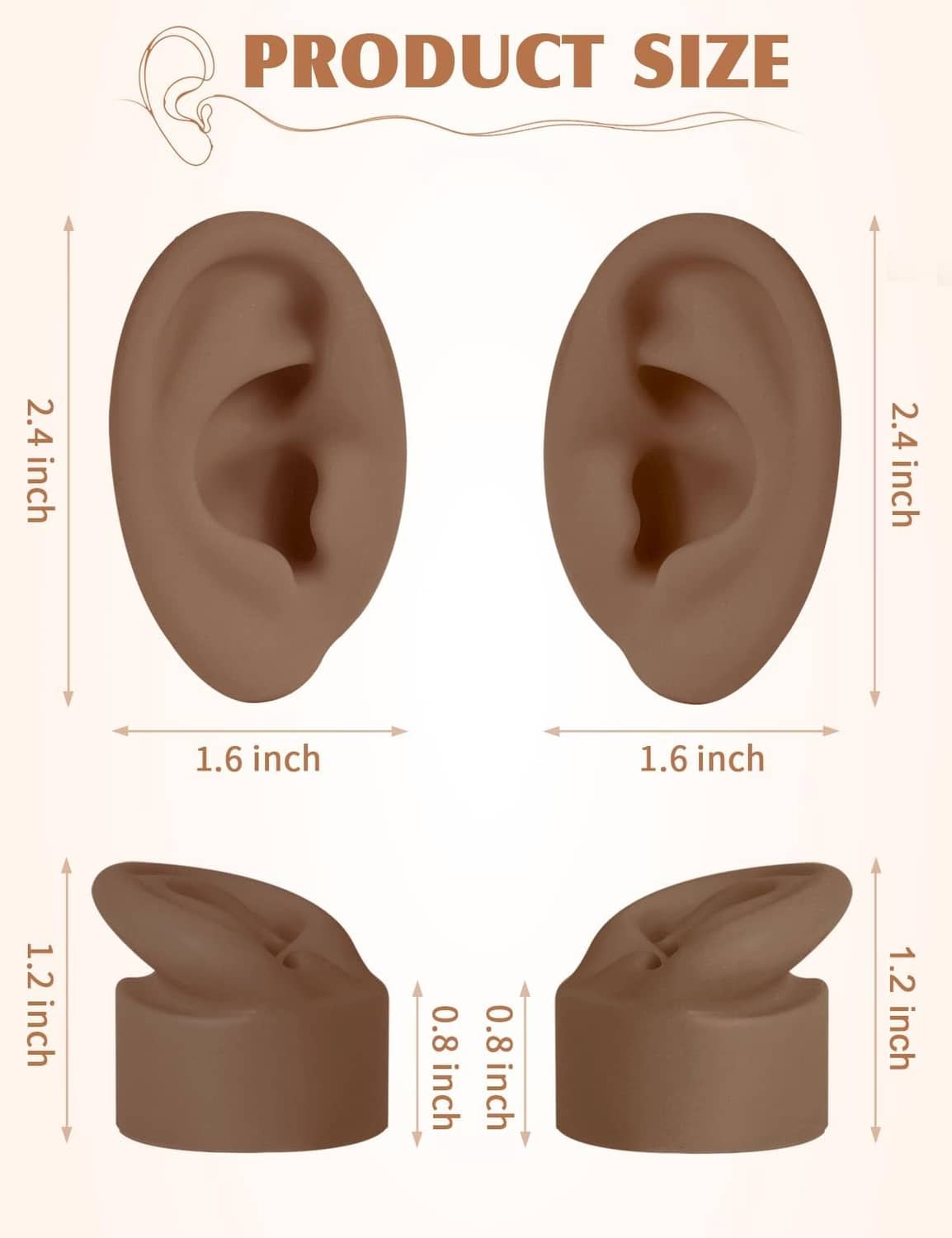Pair of dark brown silicone ear models with size diagram: 1.6 in and 1.2 in