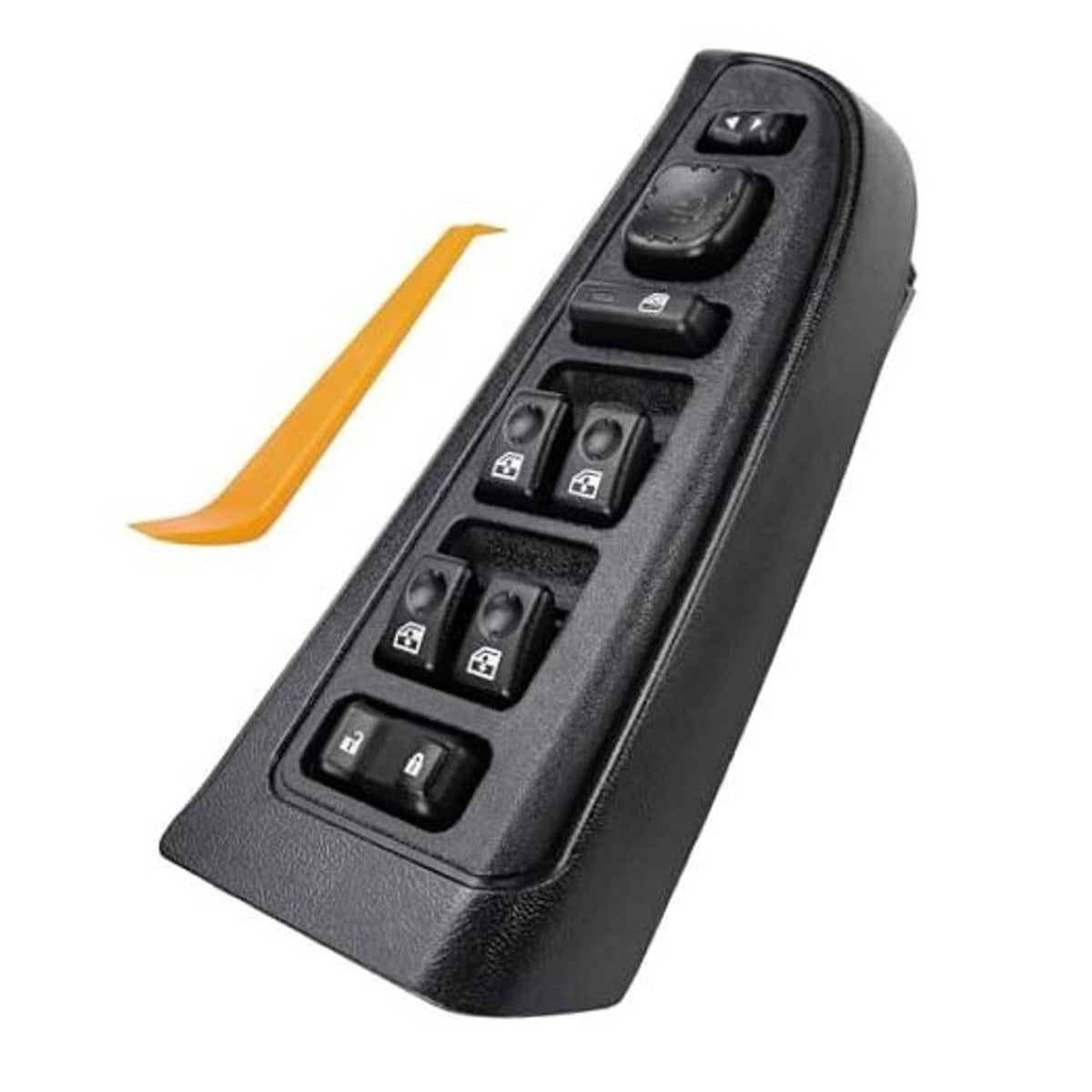 Black master power window switch with multiple window and lock buttons on driver side