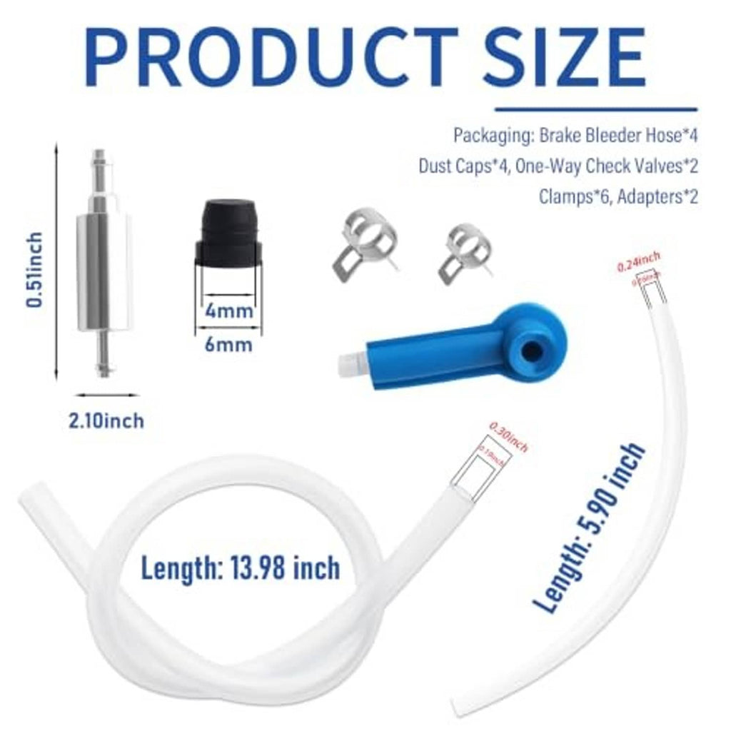 Brake bleeder hose kit length measurement set: clear hose, blue check valve adapter, caps