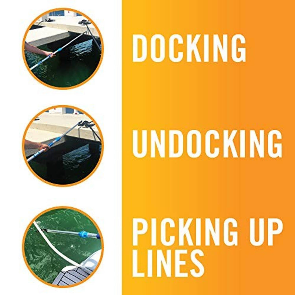 Telescoping boat hook pole with hook and line for docking and picking up lines