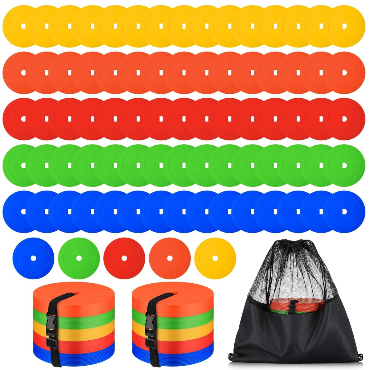 Multicolor flat spot markers set with round 6-inch cones and perforated centers