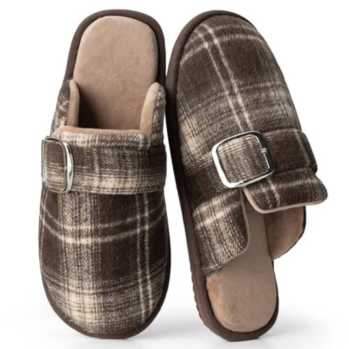 Brown and beige plaid fuzzy slide slippers with buckle strap and plush inner lining