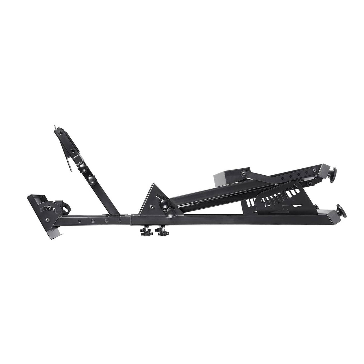 Foldable racing steering wheel stand with black metal frame and adjustable mounts