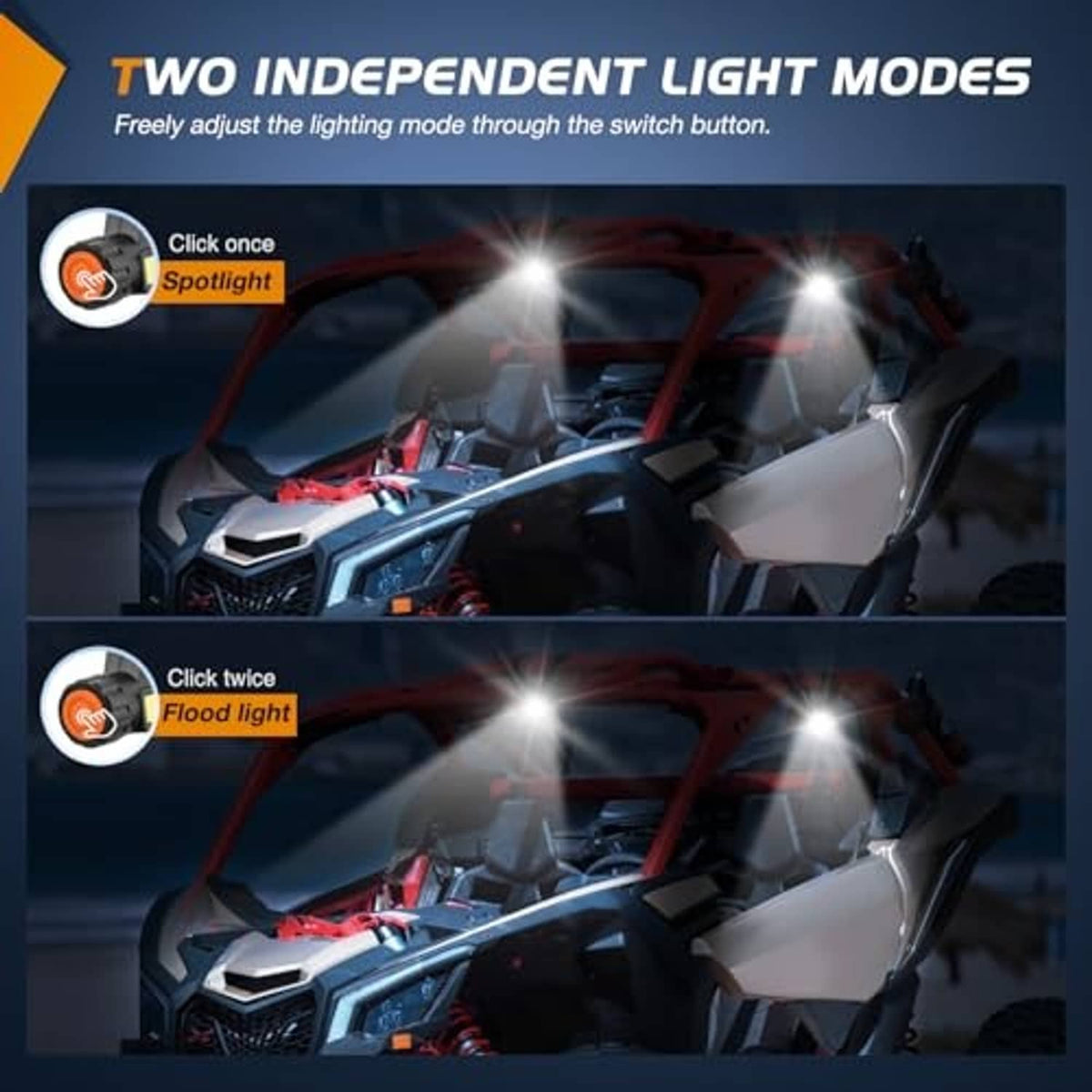 Two-mode UTV LED lights showing spotlight and flood beams with yellow bar
