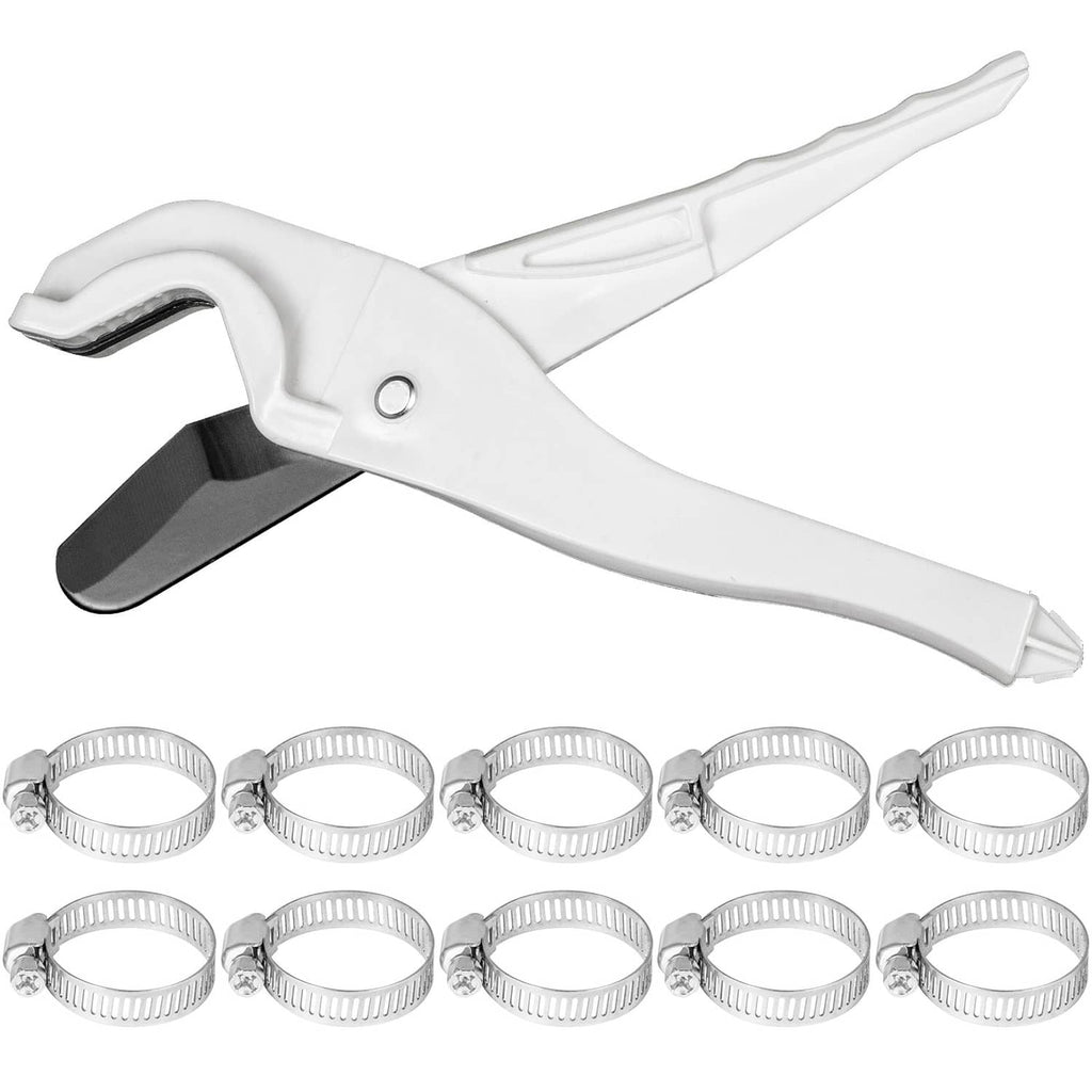 White PEX-B tubing with pipe cutter tool and metal hose clamp set