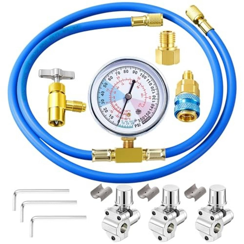 Refrigerant charging hose kit with blue hose, analog gauge, and brass couplers.