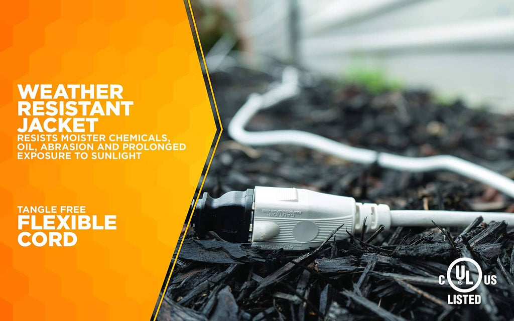 Weather-resistant white extension cord with molded 3-prong plug, UL listed
