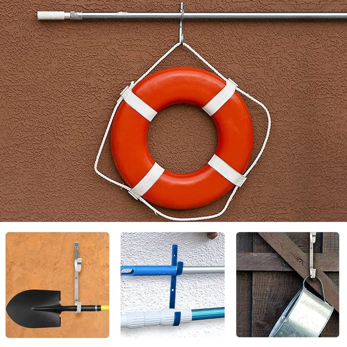 Blue aluminum wall-mounted U-shaped hanger hooks with hardware for tools and poles