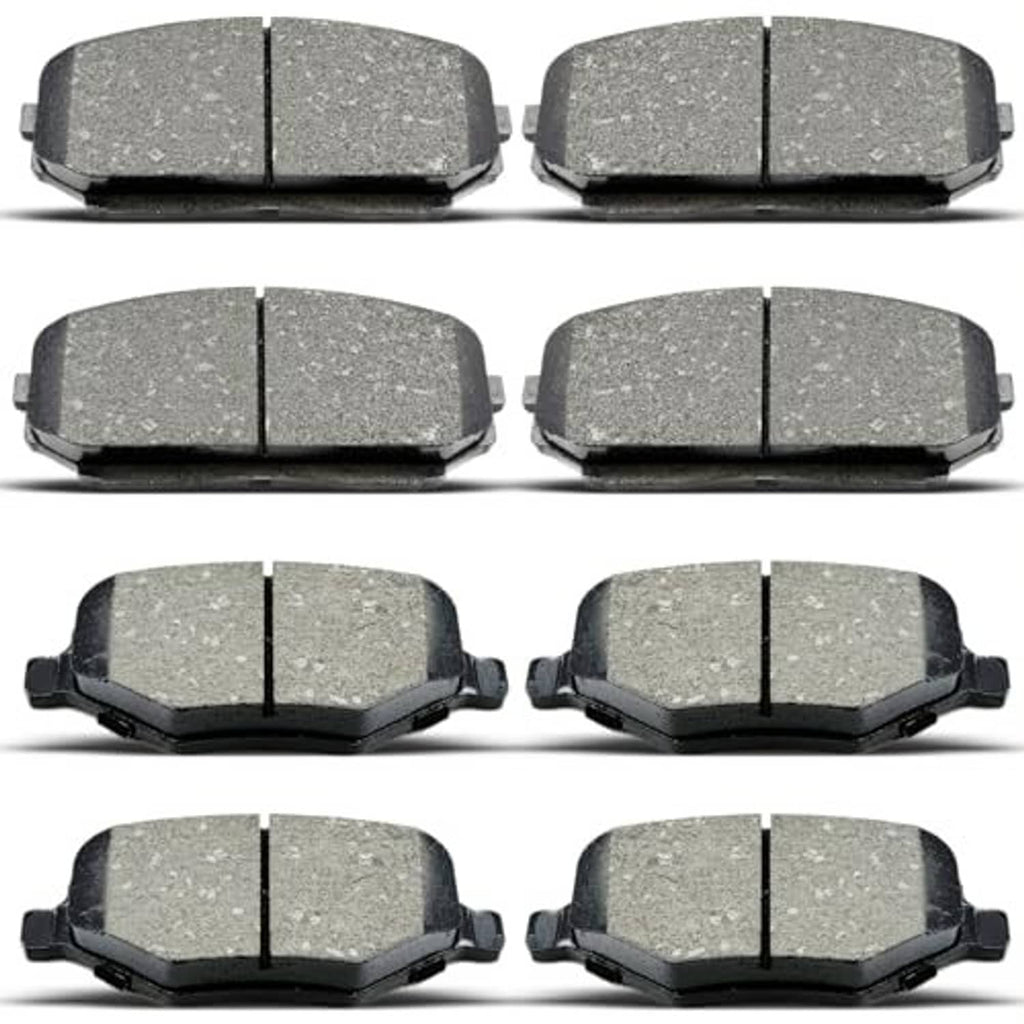 Ceramic brake pad set showing multiple pairs of gray pads with black backing plates